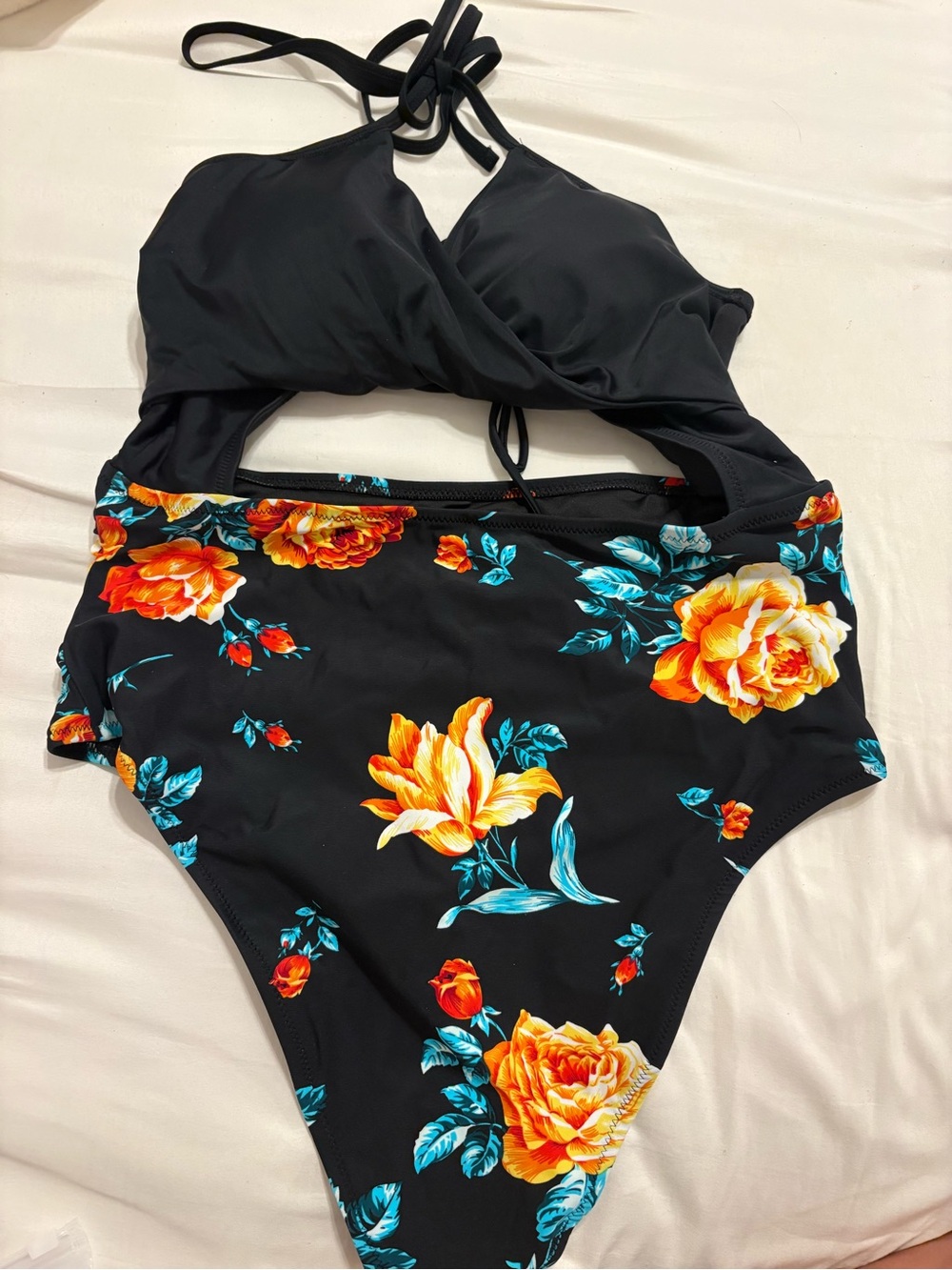 Cupshe Black One-Piece Swimsuit with Orange and Teal Floral Print